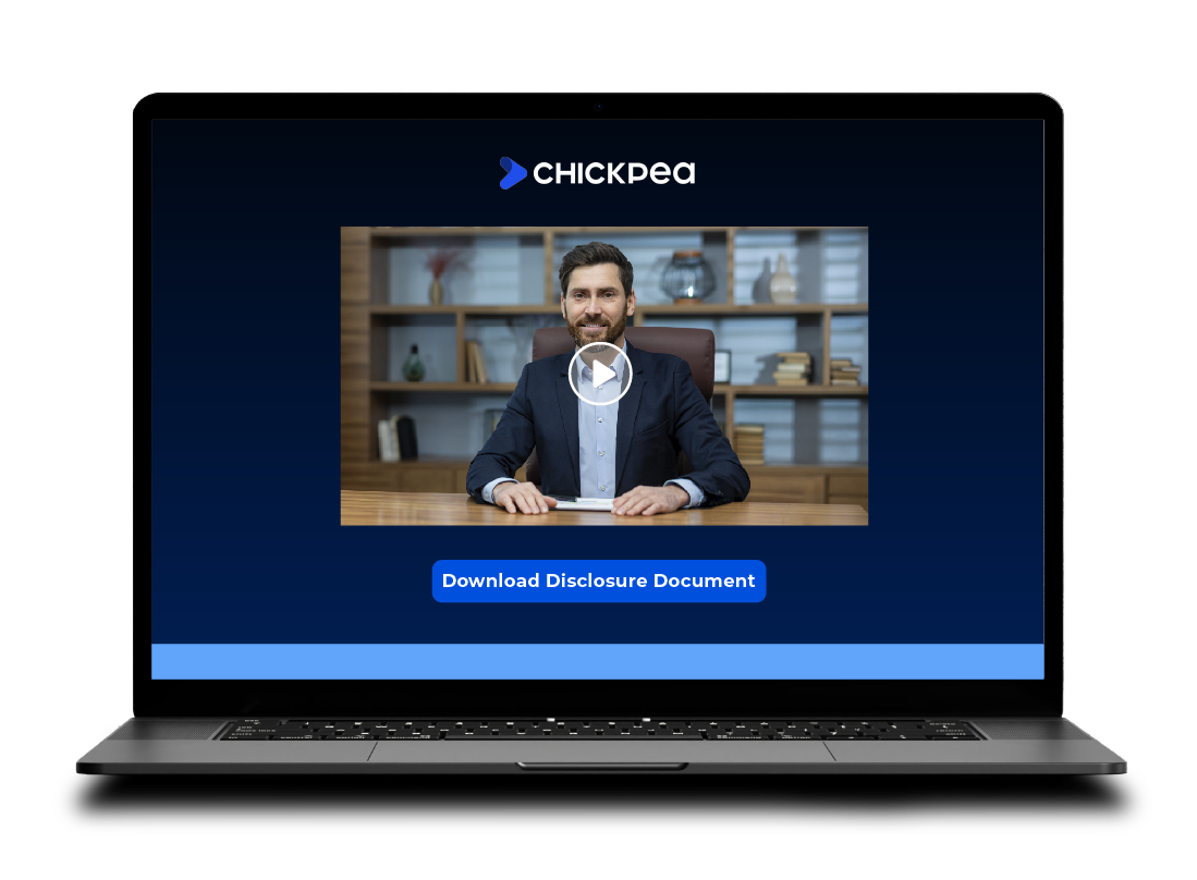 Personalised adviser video with a Download Disclosure Document button on a laptop